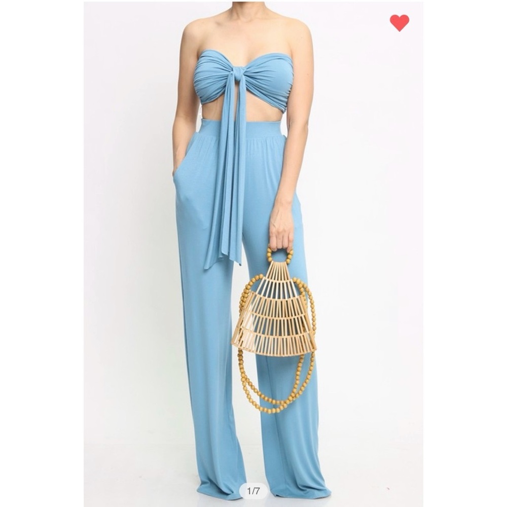 COPY - Blue Two Piece Set Shirred Top and Wide Leg Pants